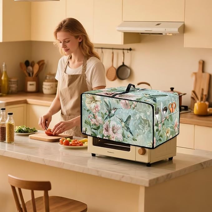 Air Fryer Toaster Oven Dust Cover Protective Convection Oven Cover with Pockets and Handle for Kitchen Countertop, S, 14.5 x 18.5 x 9 Inches, Retro Hummingbird Hibiscus Flower Green