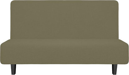 Easy-Going Stretch Futon Slipcover Armless Futon Bed Cover Furniture Protector Without Armrests with Elastic Bottom for Kids, Soft Jacquard Fabric Small Checks (Medium, Khaki)