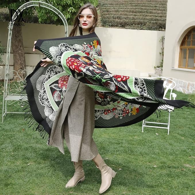 DANA XU 100% Merino Wool Extra Large Pashmina Blanket Travel Scarf Cashmere Wrap for Women Fall Winter Oversize Shawl Floral
