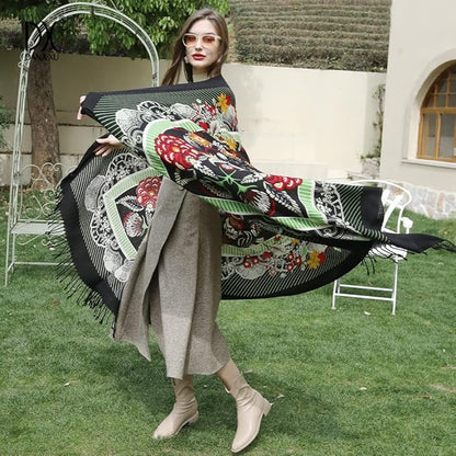 DANA XU 100% Merino Wool Extra Large Pashmina Blanket Travel Scarf Cashmere Wrap for Women Fall Winter Oversize Shawl Floral