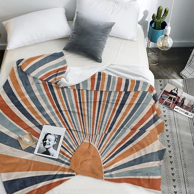 Boho Colorful Sunrise Throws Blankets Abstract Mid Century Modern Throw Blanket Minimalist Sun Boho Leaves Aesthetic Soft Warm Bed Bedding Women Blankets for Couch Bedroom Office 60"x80"