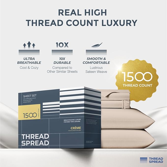 THREAD SPREAD Egyptian Cotton Sheets King Size - 1500 Thread Count 4 PC Sheet Set Egyptian Cotton, Luxury Sheet King Size, Silky Soft, Cooling Deep Pocket Sheets, Fits Upto 19" - Taupe