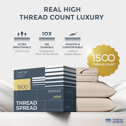 THREAD SPREAD Egyptian Cotton Sheets King Size - 1500 Thread Count 4 PC Sheet Set Egyptian Cotton, Luxury Sheet King Size, Silky Soft, Cooling Deep Pocket Sheets, Fits Upto 19" - Taupe