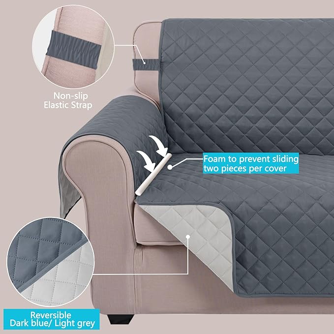 U-NICE HOME 4 Seater Sofa Cover 91 Inch Large Couch Covers for 4 Cushion Couch with Elastic Straps Water Resistant Furniture Protector Cover for Pets Cat (Sofa XX-Large, Dark Blue/Light Grey)