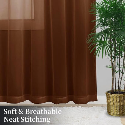 Sheer Curtains 84 Inches Long 2 Panels, Rod Pocket Short Curtain for Kitchen, Bedroom, Cafe Window(Brown 38" W x 84" L)