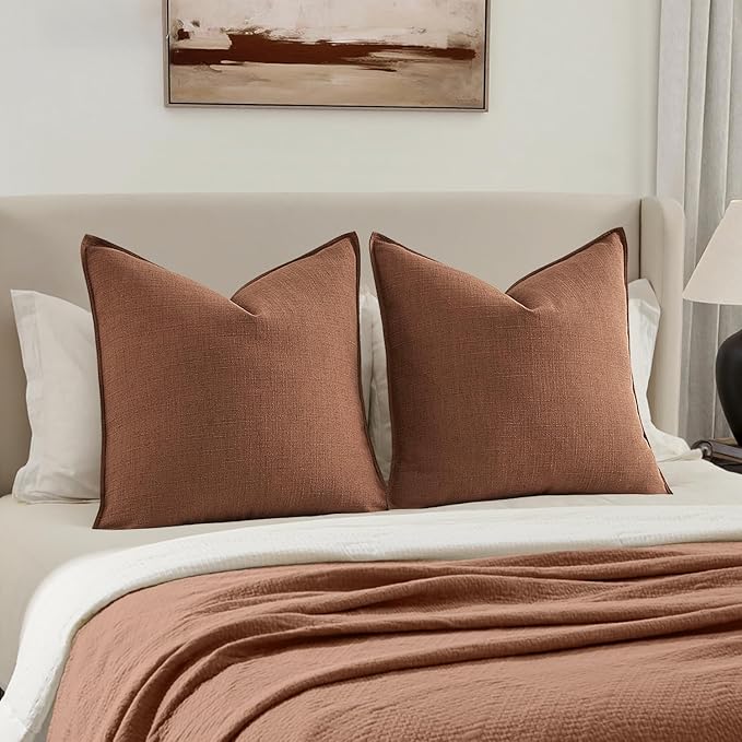 MIULEE 24x24 Decorative Euro Sham Pillow Covers, 2 Pack Large Boho Farmhouse Neutral Throw Pillows for Bed, Terracotta Thick Textured Modern Linen Cushion Cases Couch Sofa Living Room Home Decor, Rust