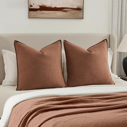 MIULEE 24x24 Decorative Euro Sham Pillow Covers, 2 Pack Large Boho Farmhouse Neutral Throw Pillows for Bed, Terracotta Thick Textured Modern Linen Cushion Cases Couch Sofa Living Room Home Decor, Rust