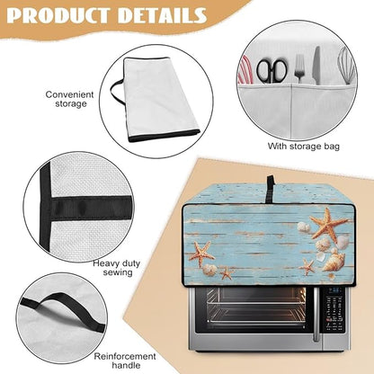 Dustproof Microwave Oven Cover Polyester-Linen Fabric Dust Cover for Microwave Oven Foldable Kitchen Machine Covers with Storage Pockets, Starfish Seashell Wood Grain Print, L