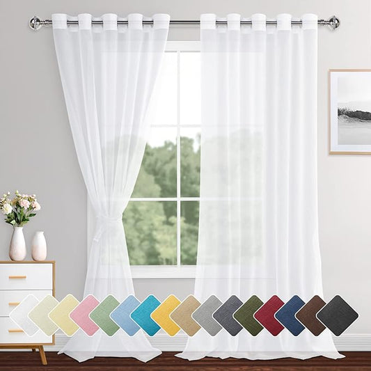 XWZO White Sheer Curtains for Bedroom, Light Filtering & Breathable Extra Wide Grommet Voile Window Curtains for Living Room, Home Decor with Tiebacks, Set of 2 Panels, 60 x 95 Inches Long
