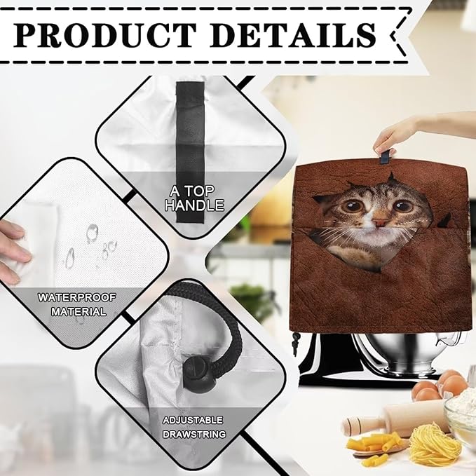 Cute 3D Cat Print Stand Mixer Covers Protector Kitchen Aid Mixer Cover Dust Covers with Top Handle Front Pocket Universal Fit Tilt Head and Bowl Lift Models