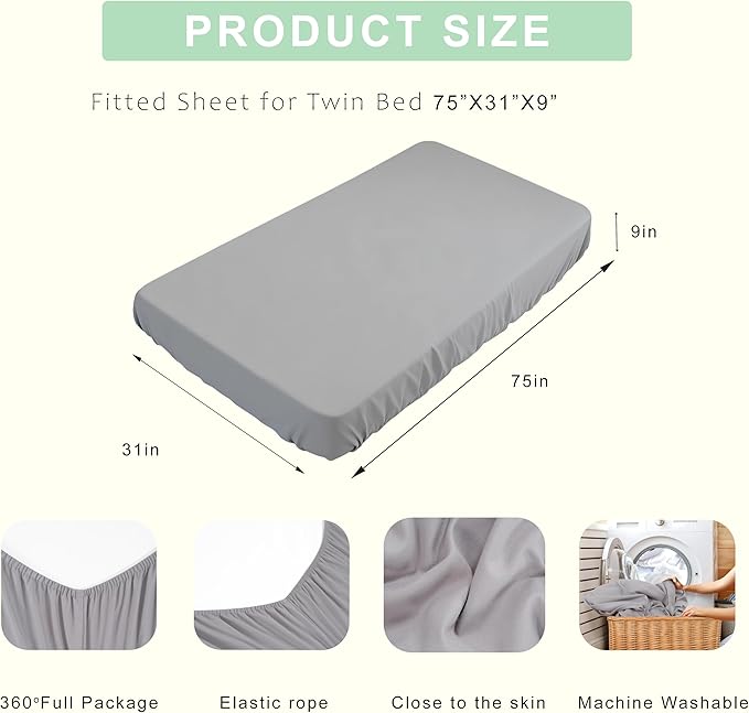 Fitted Sheets 31x75 Inches, 2 Pack Super Soft Microfiber Cot Size Sheet Set for Narrow Twin, Camp Bunk, RV Bed, Army Cot & Trifold Mattress, Breathable Bottom Bed Cover, Light Grey