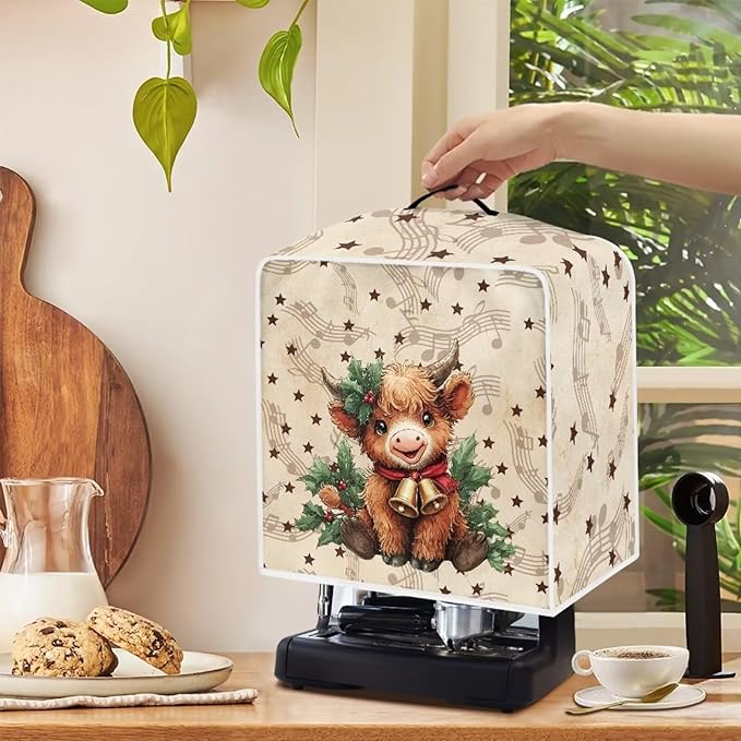 Christmas Coffee Maker Cover, Dustproof Washable Highland Cow Coffee Machine Protector with Handle