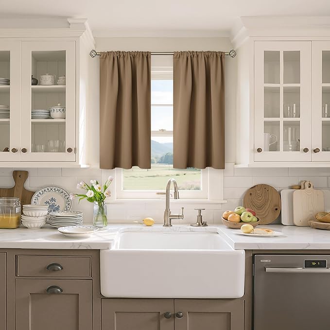 BGment Taupe Blackout Curtains 40 Inches Length for Kitchen Cafe Window - Short Thermal Insulated Drapes with Rod Pocket Room Darkening Privacy for Bedroom Bathroom, 34 x 40 Inch, 2 Panels