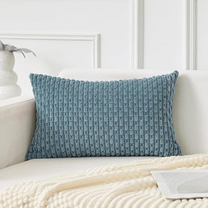 Kevin Textile 12x24 Inch Pillow Cover 1 Pack Boho Decorative Soft Striped Corduroy Lumbar Farmhouse Solid Color Accent Rectangle Cushion Case for Living Room Couch Sofa Bed, Blue Grey