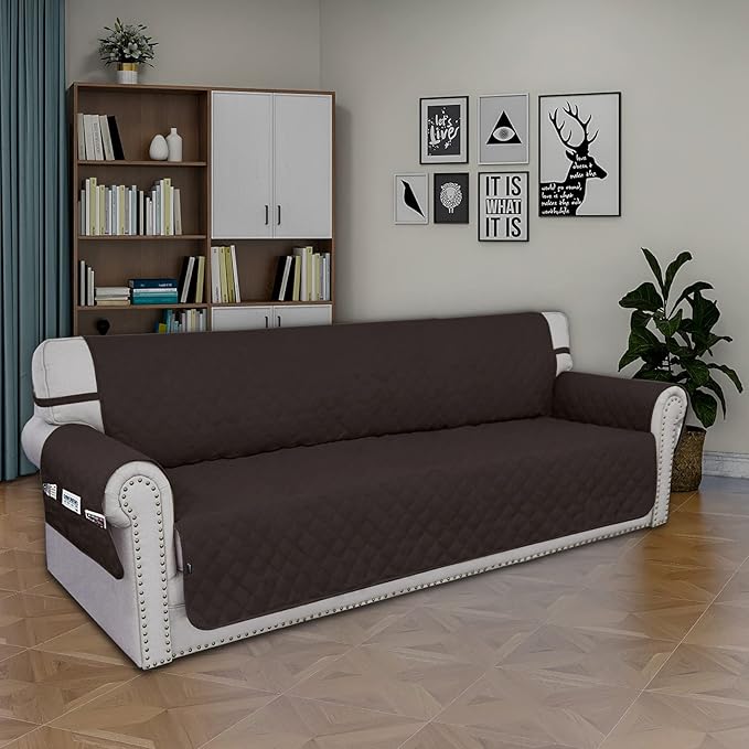 Easy-Going Sofa Slipcover Waterproof Sofa Cover Couch Cover for 4 Cushion Couch with Elastic Straps Washable Non-Slip Furniture Protector Cover for Pets, Dogs, Cat (XX-Large, Chocolate)