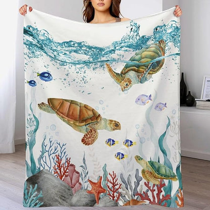 Sea Turtle Throw Blanket, Teal Blue Ocean Underwater Animal Starfish Fish Nautical Coastal Theme Fleece Flannel Blanket for Couch Sofa Bedroom Adults Kids, 60"x80"