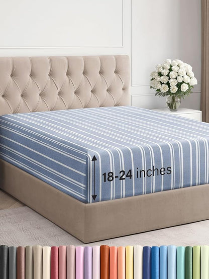 Extra Deep Queen Fitted Sheet - Hotel Luxury Single Fitted Sheet Only - Easily Fits 18 inch to 24 inch Mattress - Ultra Soft, Wrinkle Free with Extra Deep Pockets - Breathable & Comfy - Blue Stripes