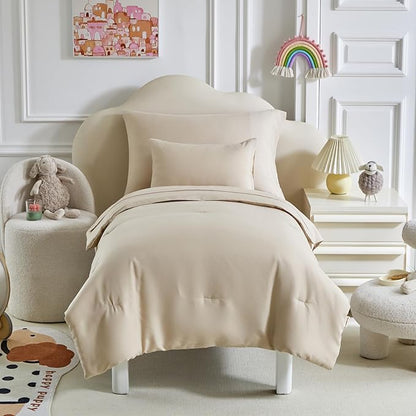 Toddler Bedding Set - 5 Piece Soft and Breathable Toddler Bed Set for Boys and Girls, Includes Quilted Comforter, Fitted Sheet, Flat Top Sheet, Standard Pillowcase and Toddler Pillowcase, Cream Beige