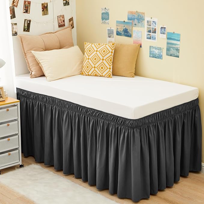 RIMELA Dorm Bed Skirt Twin XL 32 Inch Drop, Easy to Install Extra Long Wrap Around Elastic Dust Ruffle, Dark Grey Bedskirt Solid Silky Fabric Machine Washable (Twin XL 80“L x 39”W & Twin 75“L x 39”W)