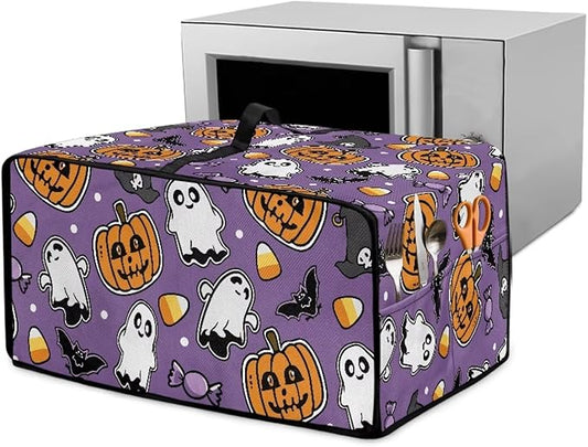 Air Fryer Toaster Oven Cover with Side Pockets, Protective Electrical Appliance Cover Kitchen Countertop Accessories, M, Ghost Pumpkin Bat Candy Violet Halloween Decor