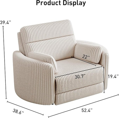 Bonzy Home Oversized Electric Recliner Chair for Adults with Extra-Wide Seat Cushion, Overstuffed Corduroy Power Recliner, Modern Round Single Sofa with 2 Pillows for Living Room, Bedroom, Beige