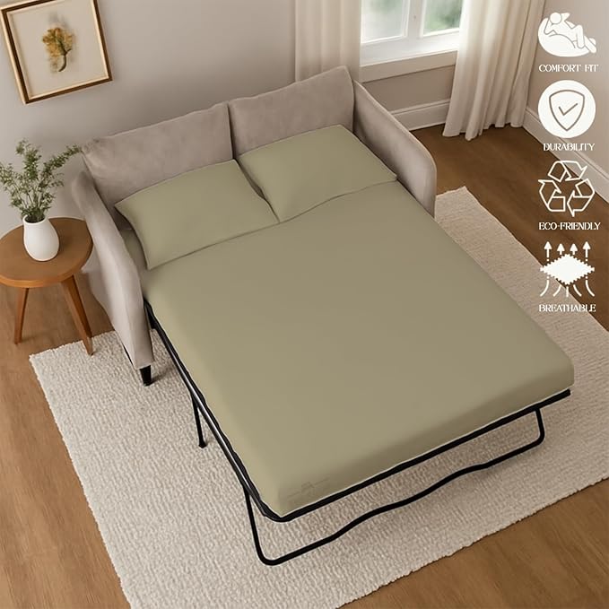 Sleeper Sofa 4 Piece Bed Sheet Set Premium Quality 100% Cotton 500 Thread Count, Smooth & Super Soft Sateen Weave, Extra Soft Bed Sheets, Wrinkle Free, 4 Inch Deep Pocket (Queen, Beige)