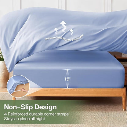 MR&HM Twin Fitted Sheet Only, Ultra-Soft Rayon Derived from Bamboo & Polyester Blend, Silky & Breathable, 15" Deep Pocket with Elastic Straps, Cooling Fitted Sheet for Hot Sleepers, Light Blue