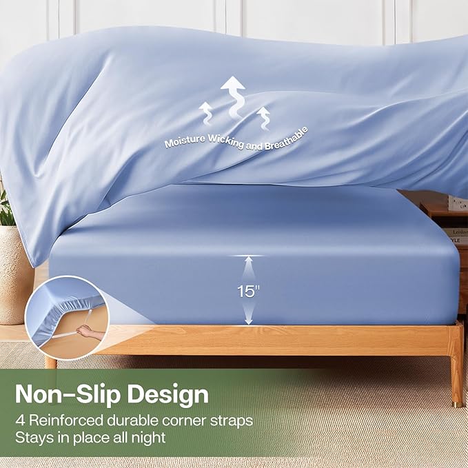 MR&HM Twin XL Fitted Sheet Only, Ultra-Soft Rayon Derived from Bamboo & Polyester Blend, Silky & Breathable, 15" Deep Pocket with Elastic Straps, Cooling Fitted Sheet for Hot Sleepers, Light Blue