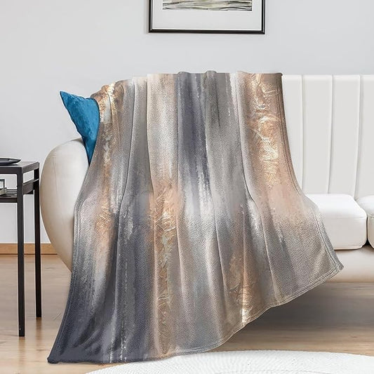 Abstract Gradient Blanket, Modern Fashion Baroque Gold Grey Painting Strokes Pattern Soft Warm Cozy Plush Flannel Covers for Livingroom Bedroom Couch Chair Camping Travel Home Decor Tapestry 60x80in