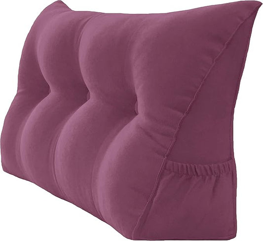 Triangular Reading Bed Rest Pillow Large Bolster Cushion Headboard Backrest Wedge Pillow with Removable Cover and Two Large Side Pockets (Purple, Twin: 39 x 8 x 20 inches)