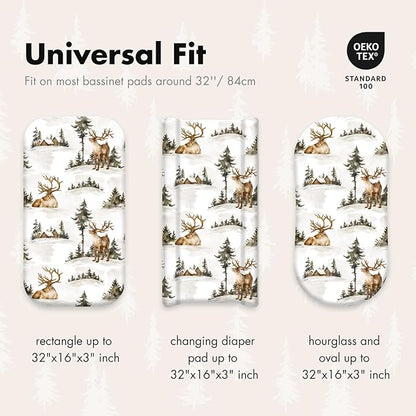 Gllquen Baby Bassinet Sheets 4 Pack, Breathable Cozy Fitted Mattress Sheet, Elastic Travel Crib Fashionable Floral Pattern, Standard Cradle Safe Sheets for Baby Boys Girls 32"x16" (Christmas elk)
