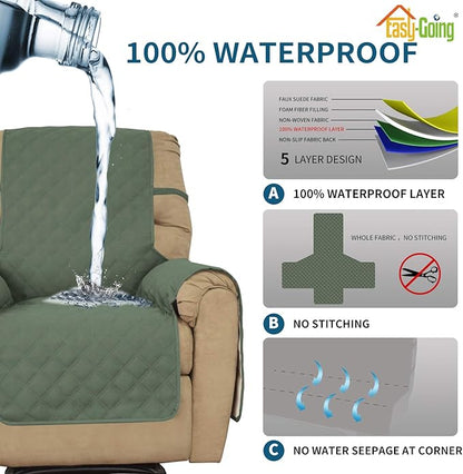 Easy-Going Sofa Slipcover Waterproof Recliner Chair Cover Non-Slip Fabric Couch Cover for Living Room Washable Furniture Protector for Pets Kids Children Dog Cat (Recliner, Greyish Green)
