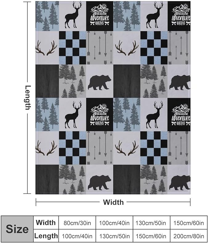 Bear Cabin Plaid Blanket, Rustic Retro Bear Deer Patchwork Gray Blue Farmhouse Throw Blanket for Couch Bed Living Room, 40"x50"
