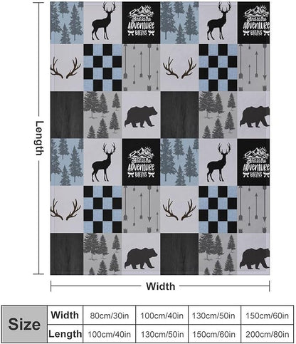 Bear Cabin Plaid Blanket, Rustic Retro Bear Deer Patchwork Gray Blue Farmhouse Throw Blanket for Couch Bed Living Room, 40"x50"