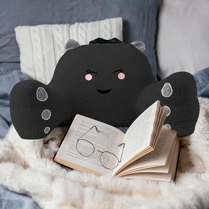 Reading Pillow for Sitting in Bed Couch Teens/Adult, Back Rest Pillow for Sitting Up in Bed with Shredded Memory Foam, Includes Arms and Washable Cover (Black)