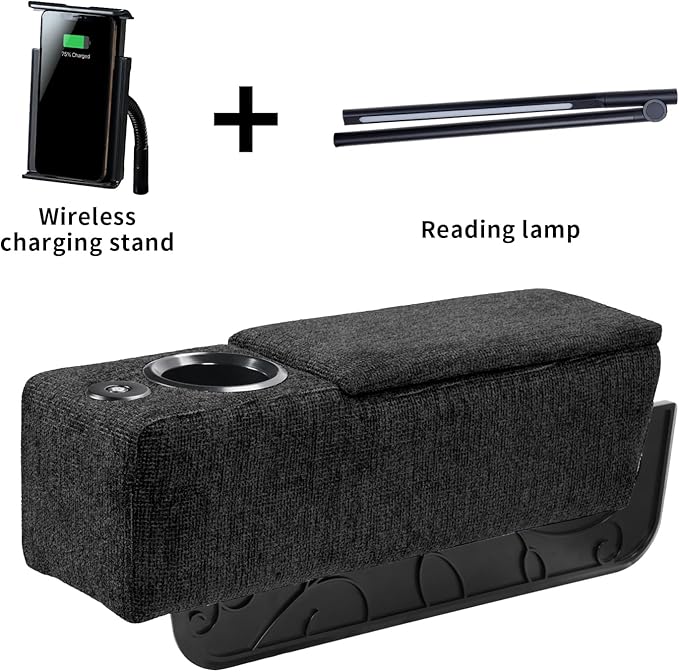 Multifunctional Sofa Armrest, Couch Armrest with Cup Holder, Removable Sofa Caddy with Storage,Equipped with LED Reading Light&Wireless Charge Stand, Black