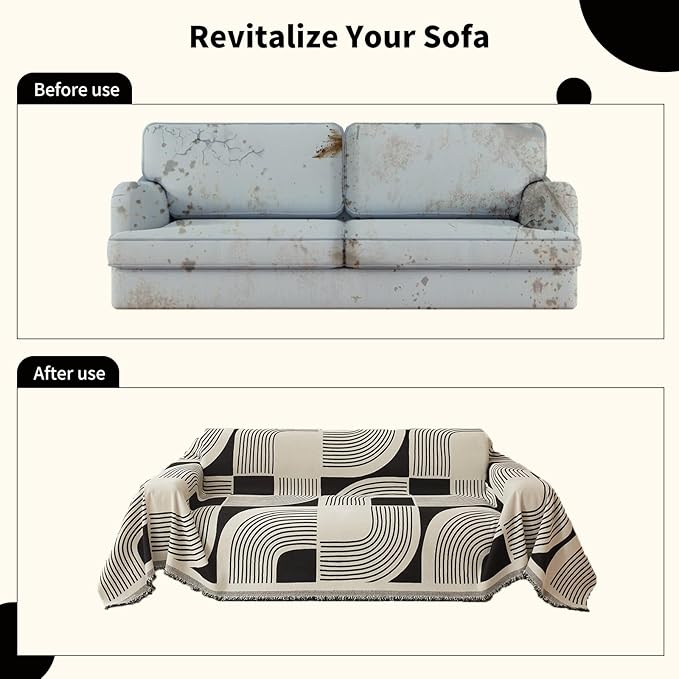 Boho Chenille Couch Cover with Tassels, Bohemian Sofa Cover for 1 Cushion Couch, Armchair, Chair, 1 Seater (71" x 91", Black)