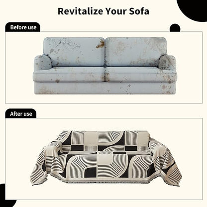 Boho Couch Cover Sofa Covers Washable, Chenille Couch Covers for 3 Cushion Couch Sofa Pet Friendly, Bohemian Sofa Slipcovers for Sectional Sofa, Loveseat, 2 3 4 Seater (71" x 150", Black)