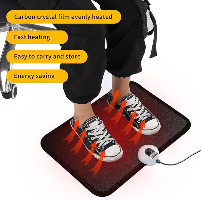 AC 110V Heated Floor Mat for Foot, Carbon Crystal Heating Pad, Electric Heated Foot Warmers for Office, Home (Black)
