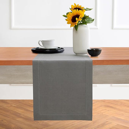 Solino Home Linen Steel Gray Table Runner 120 Inches Long - 100% Pure Linen Hemstitch 14 x 120 Inch Table Runner for Dining - Classic Hemstitch