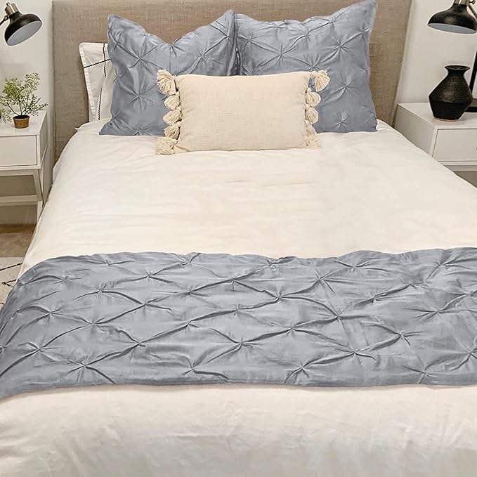 Bed Runner Set - 100% Pure Cotton 800 Thread Count - Luxury 1 Pinch Pleated Bed Runner and 2 Pillow Cover - 3 Piece Pinch Pleated Bed Runner Set King, Light Grey