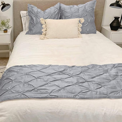 Bed Runner Set - 100% Pure Cotton 800 Thread Count - Luxury 1 Pinch Pleated Bed Runner and 2 Pillow Cover - 3 Piece Pinch Pleated Bed Runner Set King, Light Grey