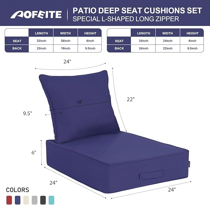 Outdoor Olefin Water-Resistant Deep Seat Cushion Set, 24''x 24''x 6'' Weather and Fade Resistant Patio Furniture Seat Cushion, Thickened Sofa Chair Pad with Straps for Lawn, Garden, Dark Blue