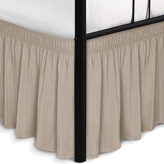 Biscaynebay Wrap Around Bed Skirts with Split Corners for Queen Beds 18" Drop, Light Camel Adjustable Elastic Dust Ruffles Easy Fit Wrinkle Resistant Silky Luxurious Fabric Machine Washable