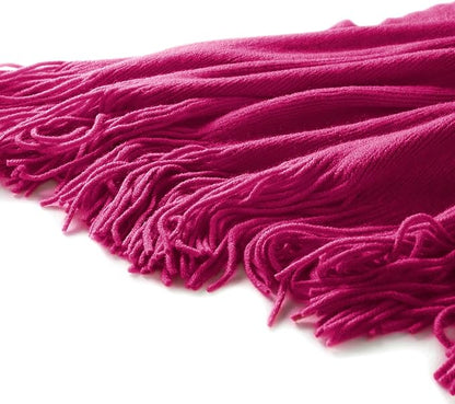 Homiest Decorative Knitted Throw with Fringe, Lightweight Acrylic Knit Blanket, Soft & Cozy Tassel for Couch Sofa Bed (Fuschia, 50 x 60 Inch)