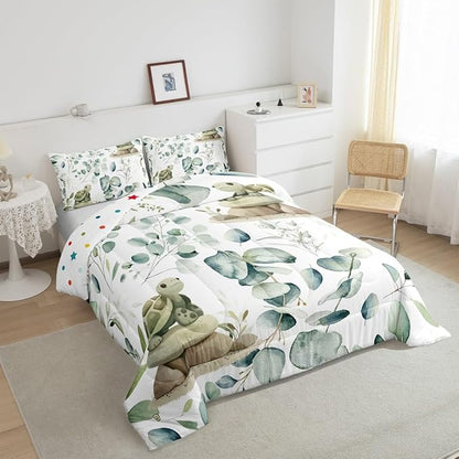 Erosebridal Kawaii Turtle Toddler Comforter Set for Boys Girls Cartoon Animal Bedding Set Toddler, Eucalyptus Leaves Bedding Comforter Sets Marine Wildlife Duvet Set, Tropical Plants Quilted Comforter