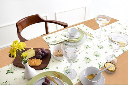 Solino Home Lily Floral Print Table Runner 108 Inches Long - 100% Pure Linen Table Runner 14 x 108 Inch - Lily of The Valley/Off White Print