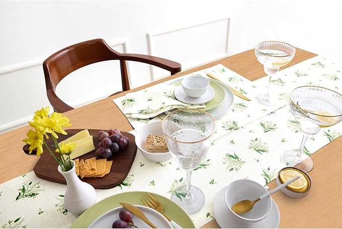 Solino Home Lily Floral Print Table Runner 36 inch - 100% Pure Linen Table Runner 14 x 36 Inch - Machine Washable - Lily of The Valley/Off White Print