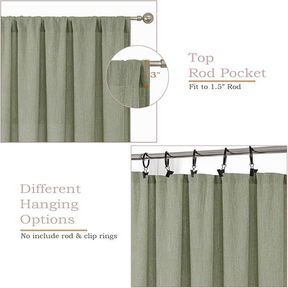 Simplebrand Sage Green Faux Linen Textured Curtains 63 Inch Length 2 Panels for Bedroom, Semi Sheer Light Filtering Privacy Farmhouse Curtains, Soft Thick Rod Pocket Window Drapes, 40W x 63L Inch