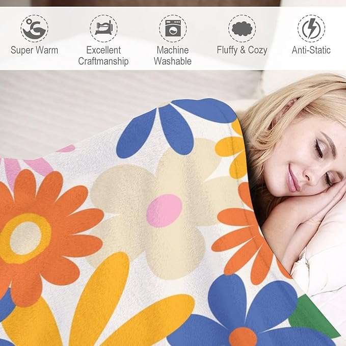 70s Retro Flower Throw Blanket, 60s Vintage Groovy Daisy Flowers Boho Hippie Bright Colorful Floral Print Blanket for Couch Chair Sofa Bed Dorm Bedroom Home 50"x60"